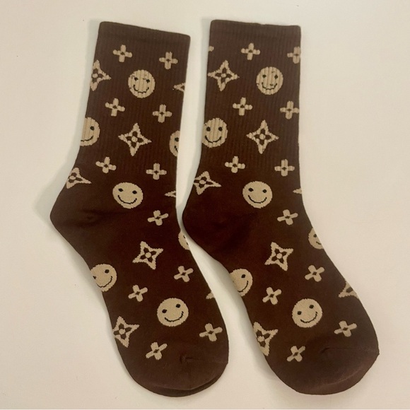 Accessories - Brand New | Monogram Smiley Face Crew Socks - Dark Mocha & Cream